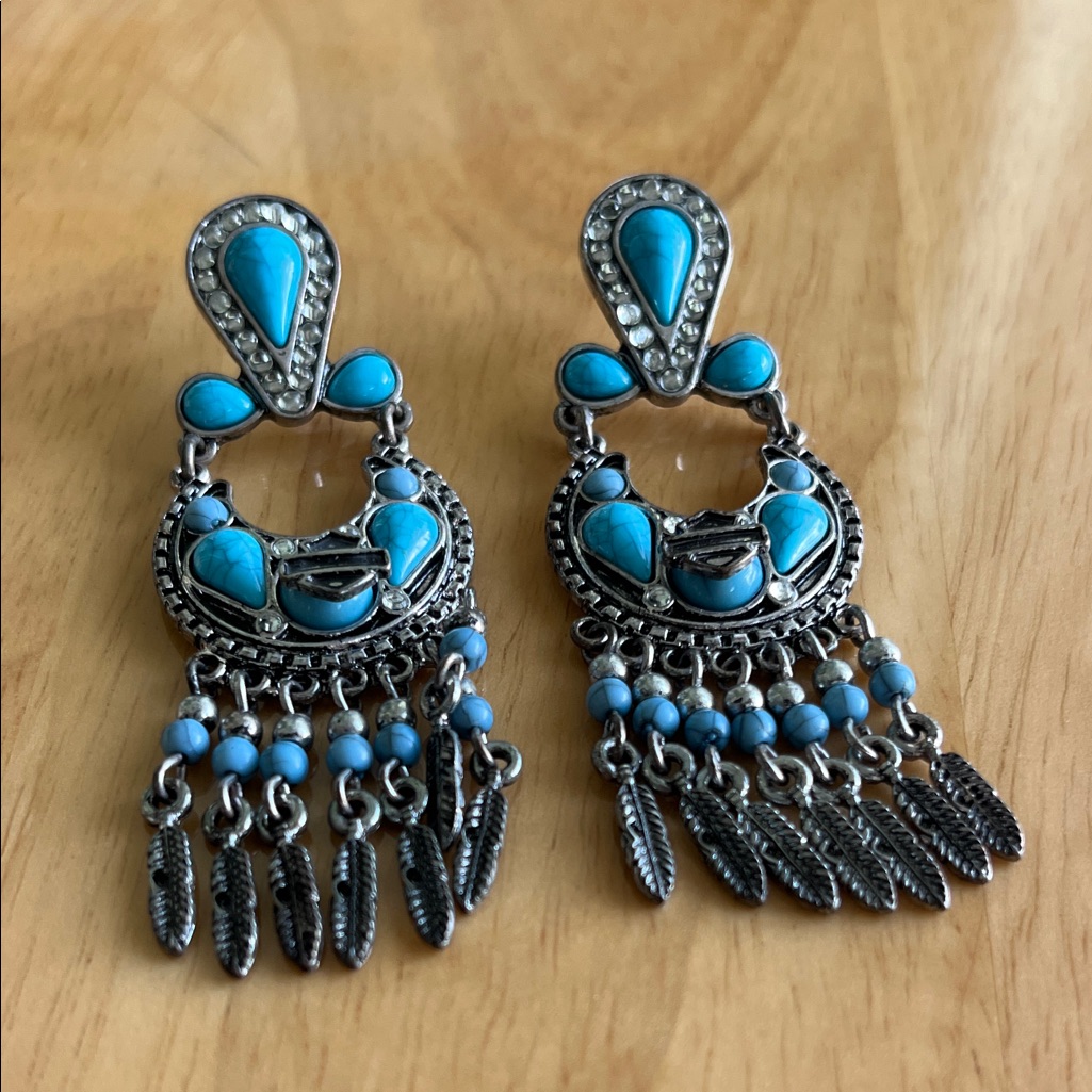Euc Harley Davidson Metal And Turquoise Bohemian Chandelier Pierced Earrings 35$